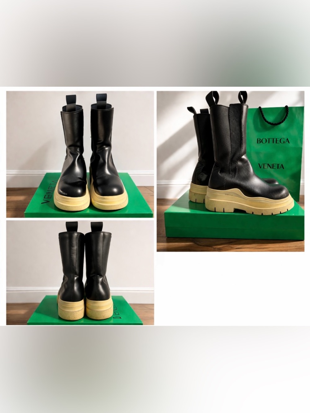 Bottega Veneta Black Leather Mid-Calf Boots with Cream Lug Sole